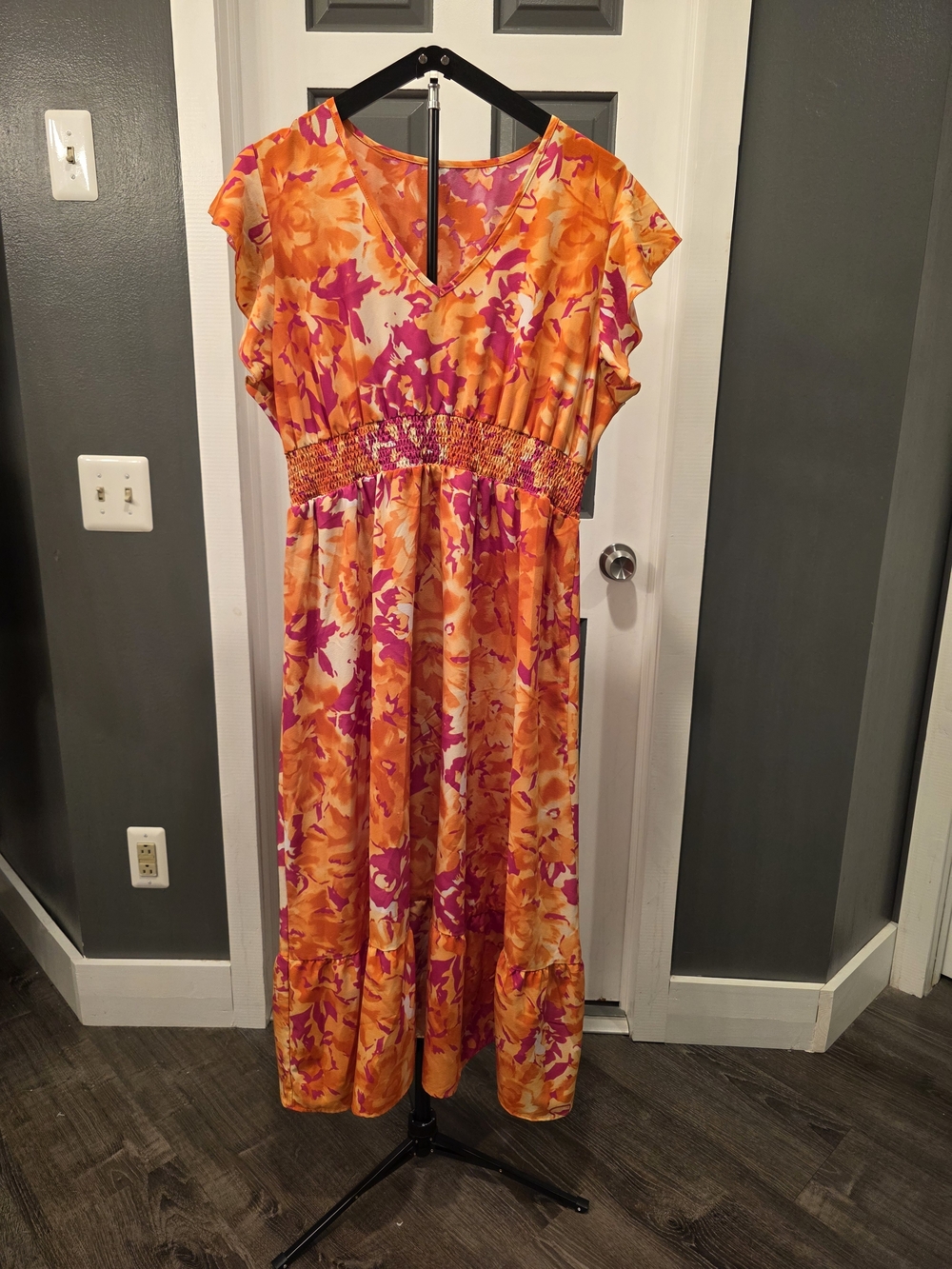 SHEIN Orange & Pink Floral Smocked-Waist Maxi Dress